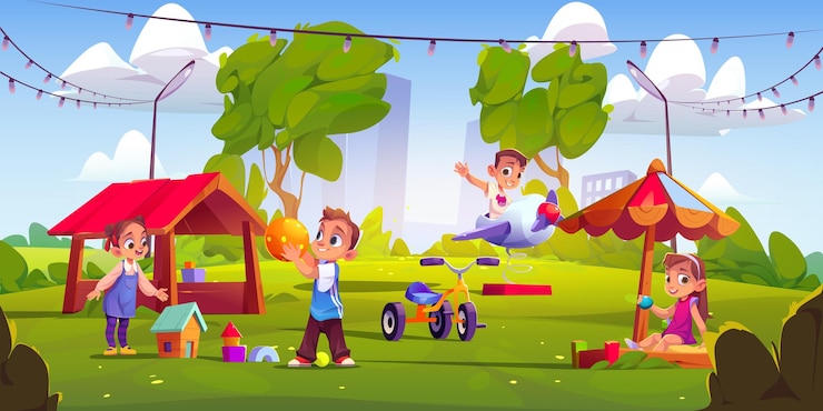 Free Vector children playing on playground with cityscape
