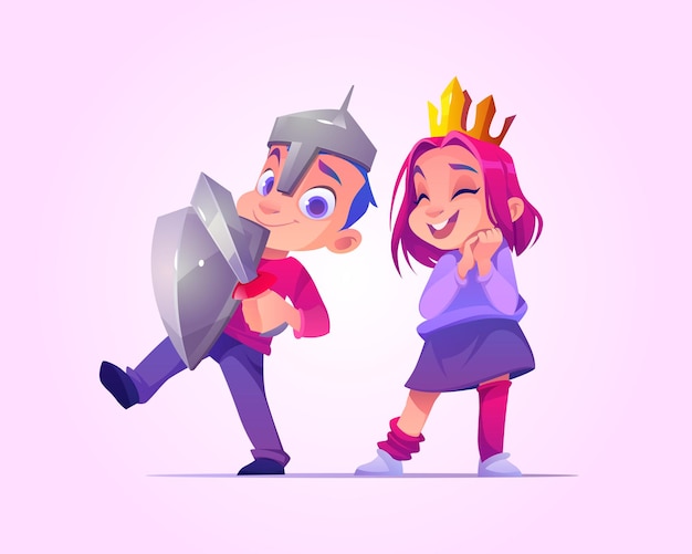 Children playing in princess and knight costumes. Vector cartoon illustration of cute girl in gold crown and boy in armor with sword and shield. Happy kids play fairytale game