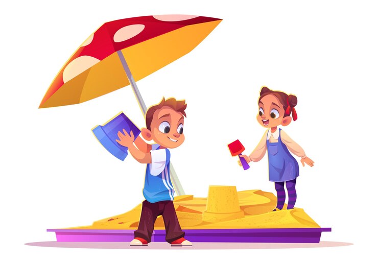 Free Vector children playing in sand box, little boy and girl building castle in sandbox using bucket and shovel toys. kids outdoor fun, summer recreation, leisure, activity isolated, cartoon vector illustration