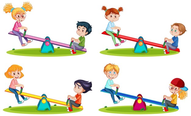 Children playing seesaw cartoon