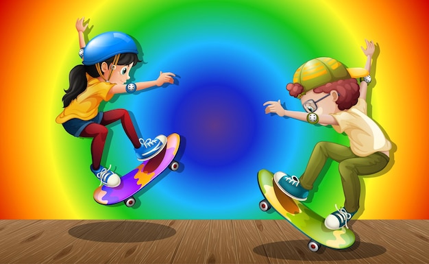 Free vector children playing skateboard on rainbow gradient background