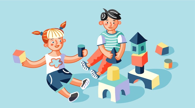 Дети играют в игрушки, маленький мальчик и девочка сидят на полу и держат пластиковые кубики героев мультфильмов Дети в комнате детского сада изолированный элемент дизайна Образовательная игра