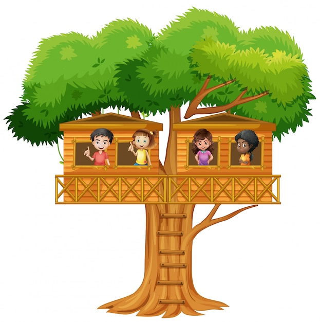 樹上の家で遊んでいる子供たち