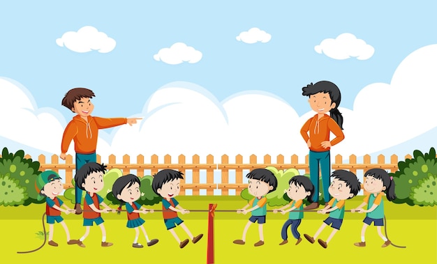 Free vector children playing tug of war game