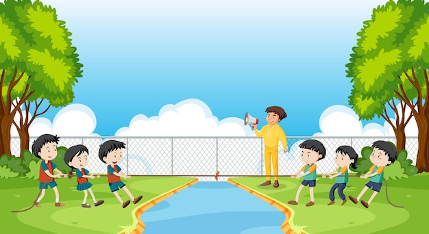 Free vector children playing tug of war game