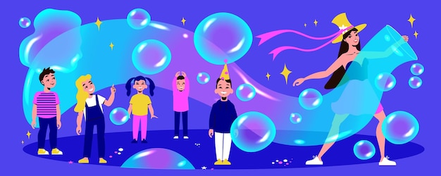 Free vector children playing with artist making soap bubbles show flat vector illustration