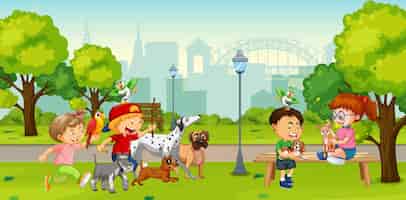 Free vector children playing with their animals at the park