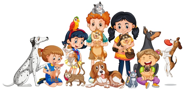 Children playing with their dogs in cartoon style