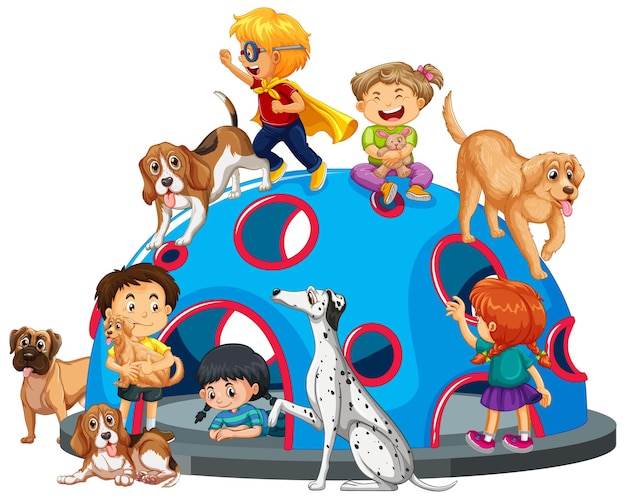 Free vector children playing with their dogs at playground