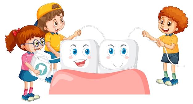 Free vector children polishes the teeth using dental floss on white backgrou