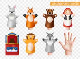 Free vector children puppet theater set with realistic cute hand toys and bright booth isolated against transparent background vector illustration