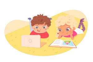 本を読んで家でコンピューターを見ている子供たち絵本を持った女の子とラップトップを持って屋内で一緒に横たわっている男の子の活動を学ぶ幸せな賢い子供たち