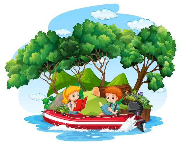 Children reading book on inflatable boat in cartoon style