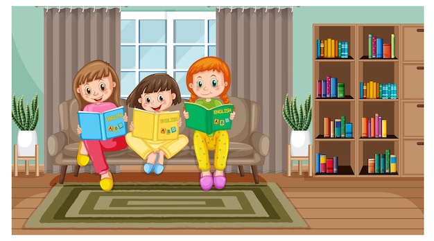 Дети читают книги дома Premium векторы