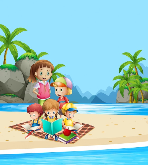 Vettore gratuito bambini che leggono libri sulla spiaggia