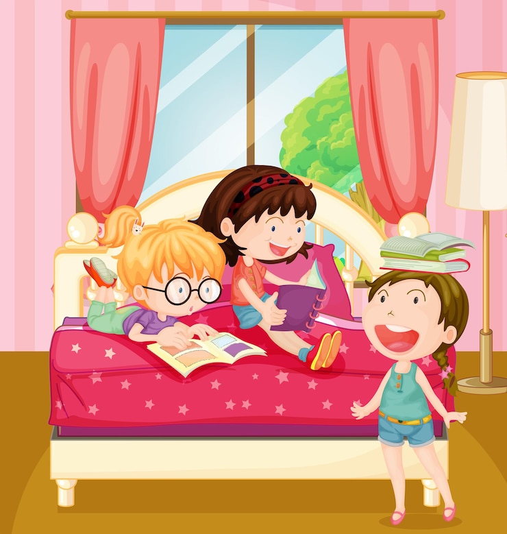 Free Vector children reading books in bedroom