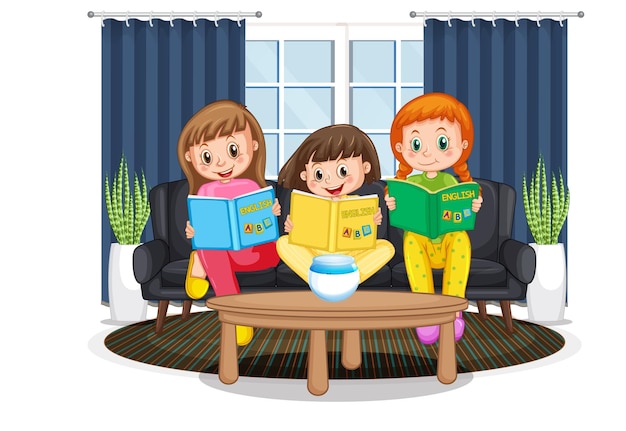 Children reading books at home