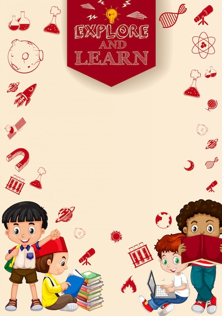 Free vector children reading books and using computer