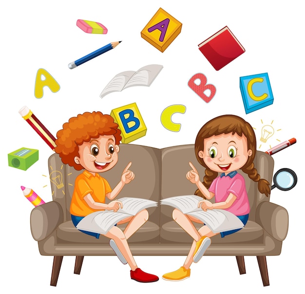 Children reading books on white background