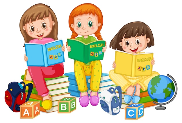 Free vector children reading books on white background