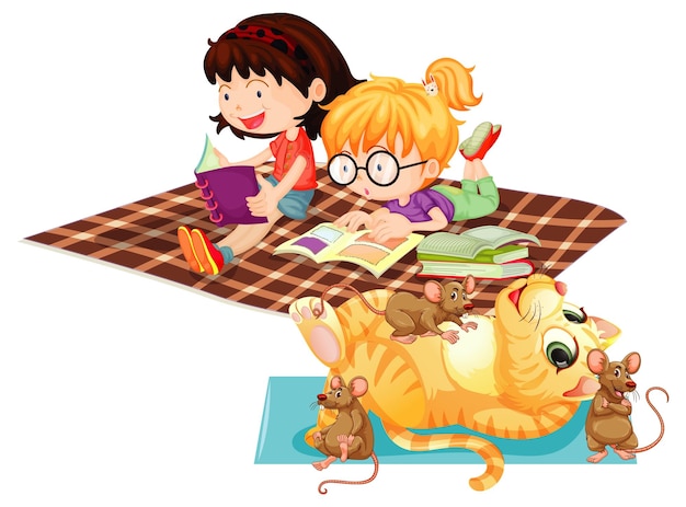 Free vector children reading their books with cat playing with mouses