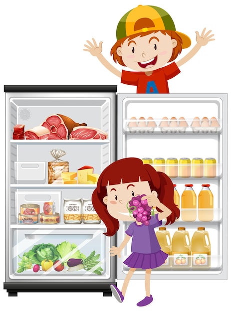 Free vector children and refrigerator with lots of food