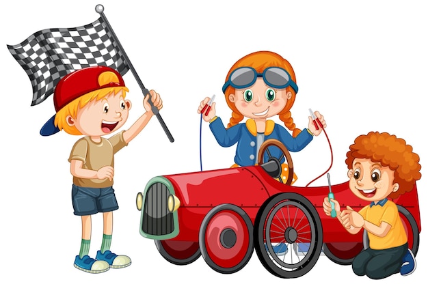 Бесплатное векторное изображение Дети вместе ремонтируют машину