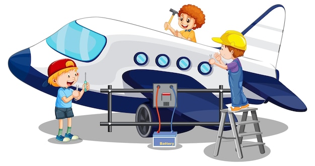 Дети вместе ремонтируют самолет на белом фоне