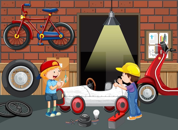 Free vector children repairing a car together in the garage