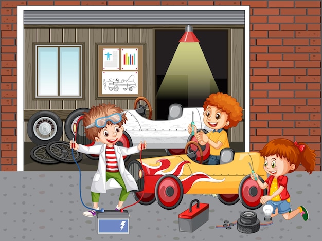 Bambini che riparano un'auto insieme in garage