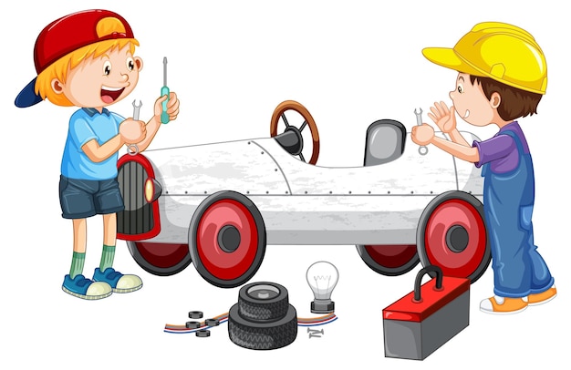 Free vector children repairing a car together