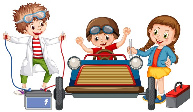 Free vector children repairing a car together