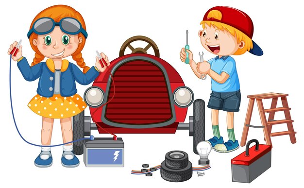 Children repairing a car together