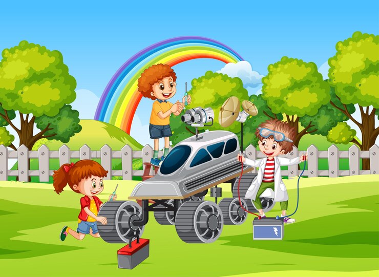 Free Vector children repairing a satellite together