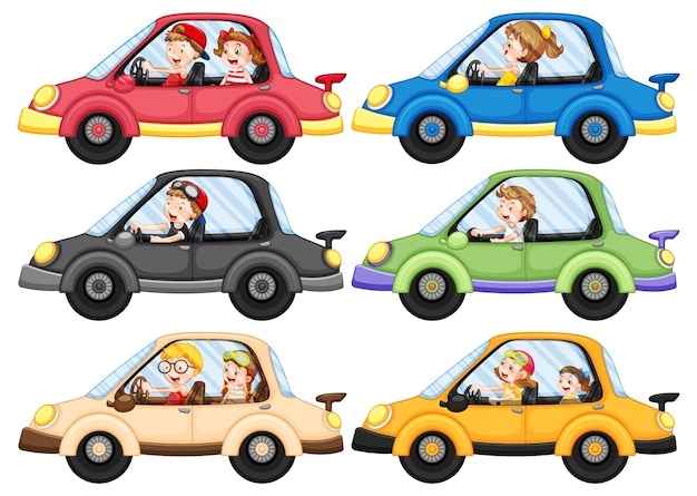 Free vector children riding in four different cars
