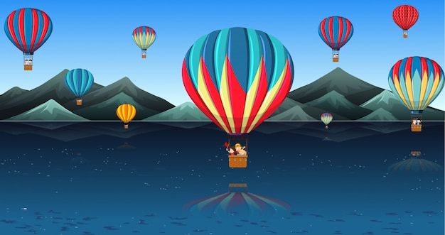 Free vector children riding hot air balloon