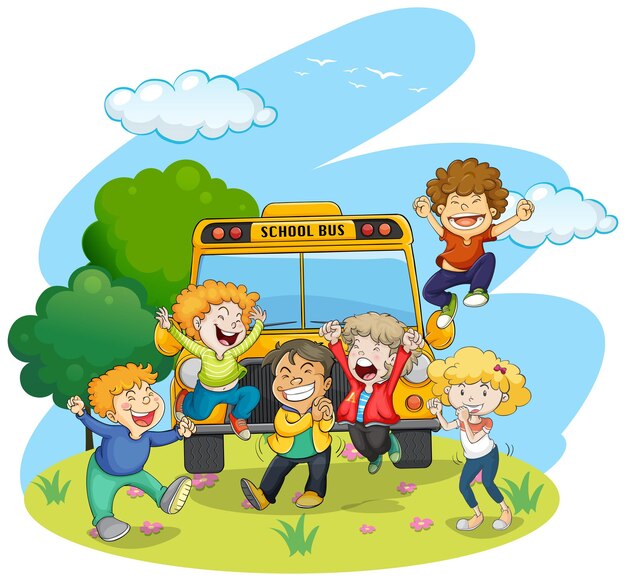 スクールバスに乗る子供たち