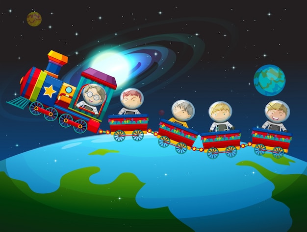 Children riding train in space