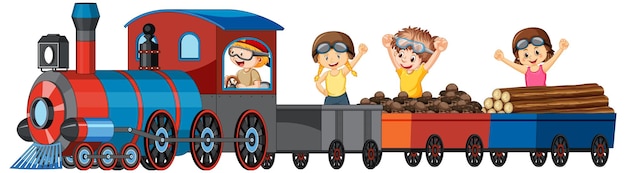 材木で電車に乗る子供たち