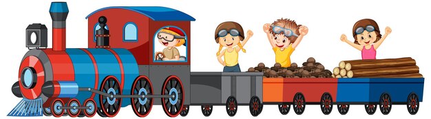 Children riding train with lumber
