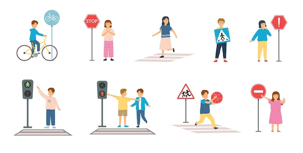 Children road rules set of isolated compositions with doodle characters of kids traffic signs and crosswalks vector illustration