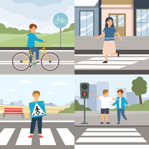 Children road rules set of square compositions with outdoor landscapes with doodle style characters of kids vector illustration