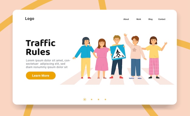 Children road rules web site landing page with kids standing on crosswalk clickable text links buttons vector illustration