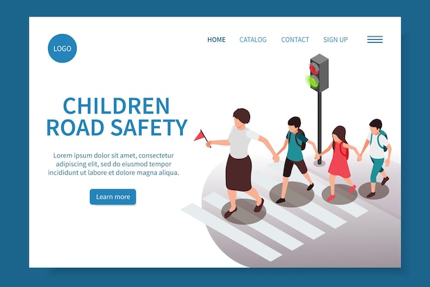 Бесплатное векторное изображение Правила безопасности дорожного движения для детей изометрическая целевая страница веб-сайта с видом на векторную иллюстрацию пересечения улицы группой детей