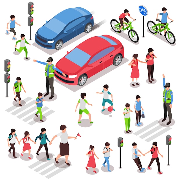 Vettore gratuito regole di sicurezza stradale per bambini impostate con personaggi umani isometrici che camminano in bicicletta con auto e illustrazione vettoriale poliziotto