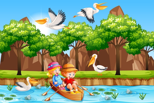 Vettore gratuito i bambini remano sulla barca nella scena della foresta del ruscello