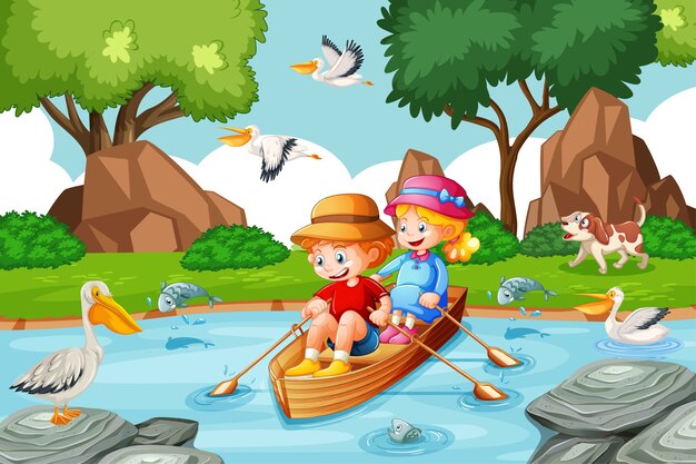 Дети гребут на лодке в сцене леса ручья