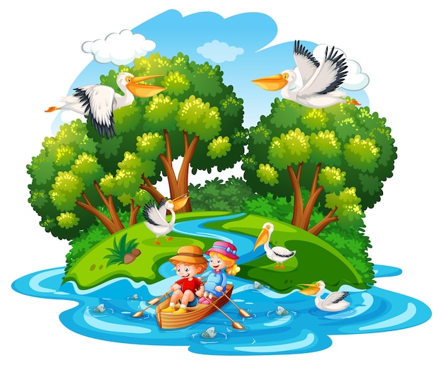 Children row the boat in the stream forest scene