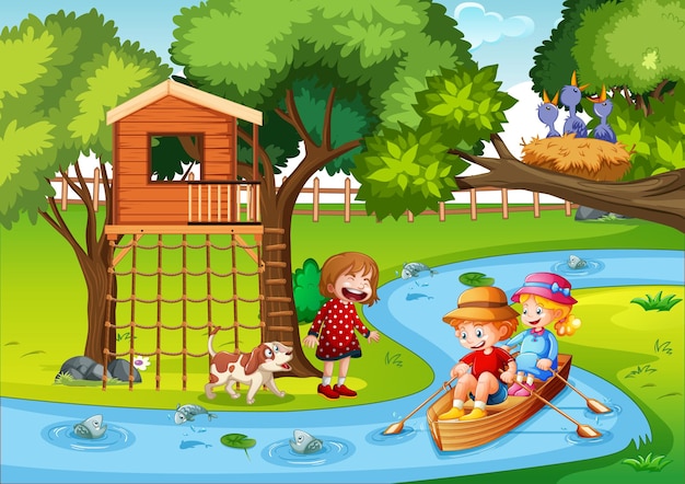 Children row the boat in the stream forest scene