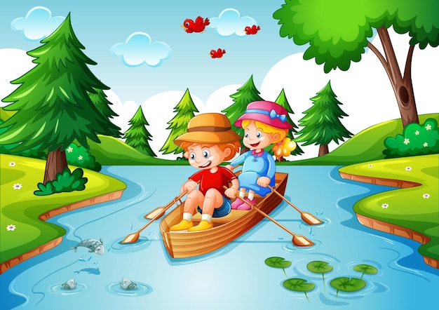 Free vector children row the boat in the stream forest scene